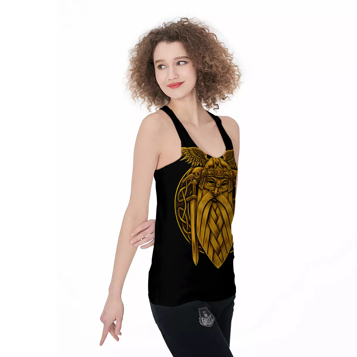 Odin God And Crow Gold Viking Print Women's Racerback Tank Top-grizzshop