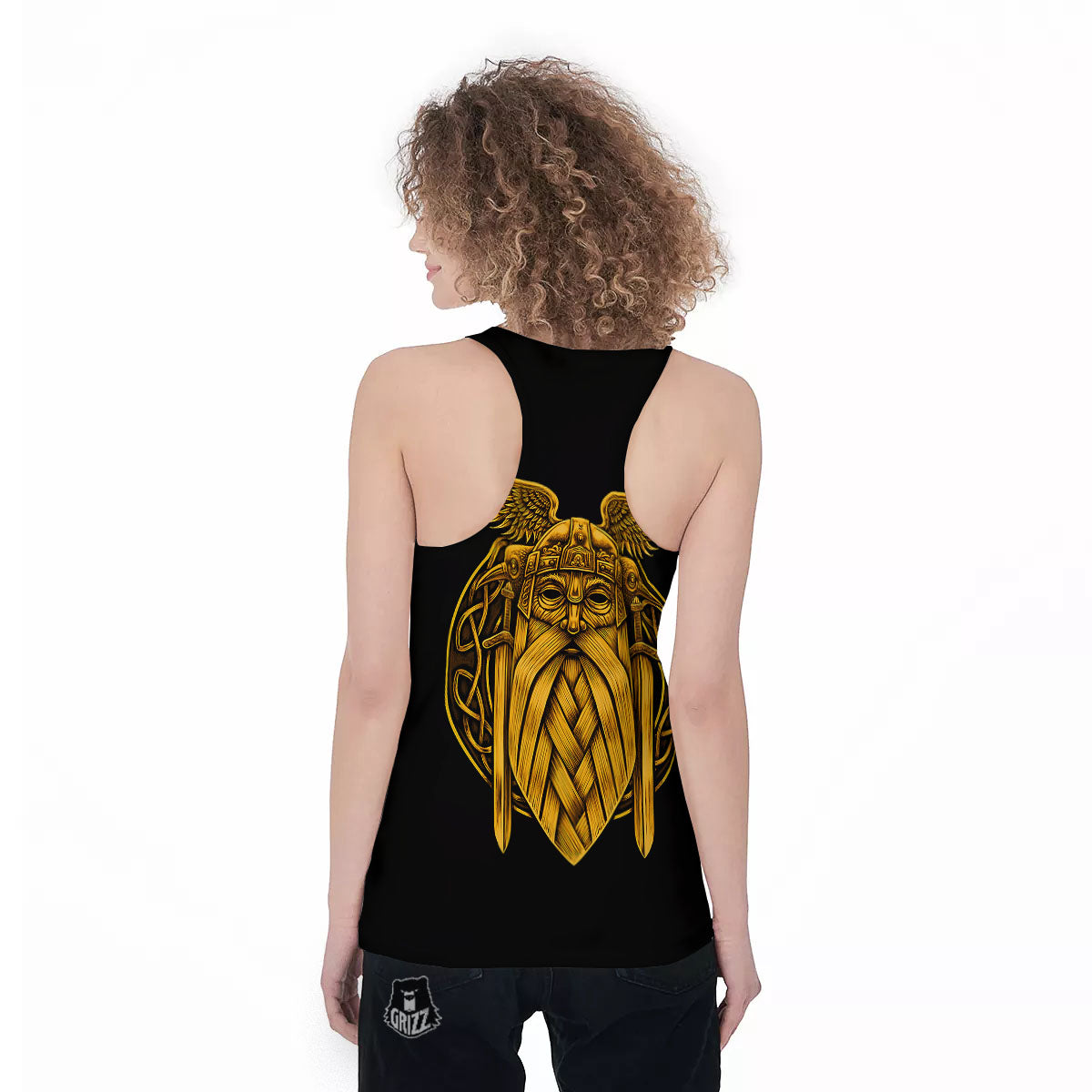 Odin God And Crow Gold Viking Print Women's Racerback Tank Top-grizzshop