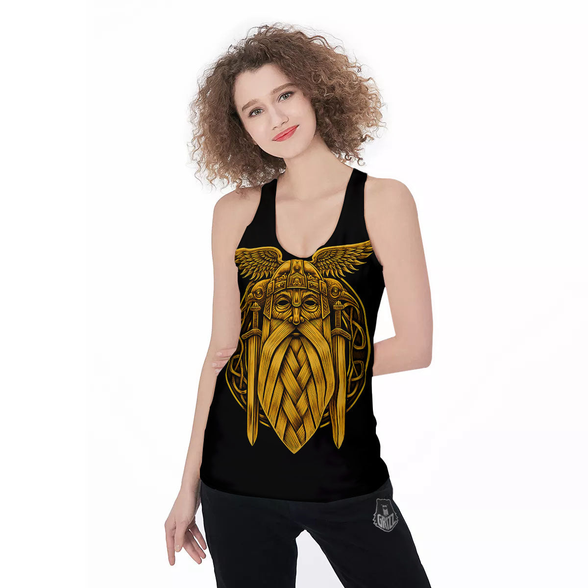 Odin God And Crow Gold Viking Print Women's Racerback Tank Top-grizzshop