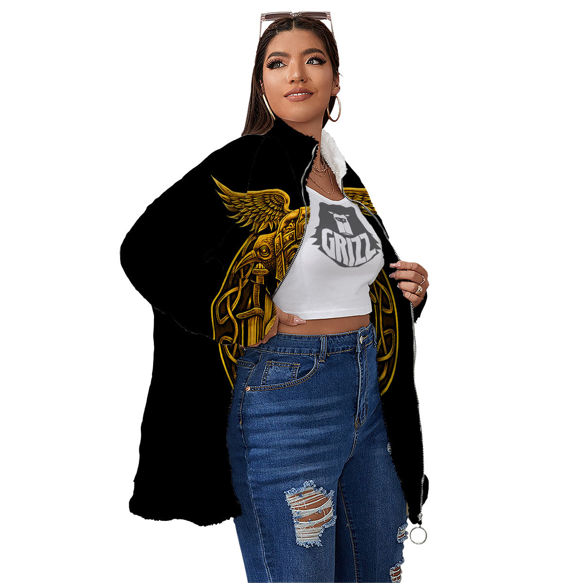 Odin God And Crow Gold Viking Print Women's Sherpa Jacket-grizzshop