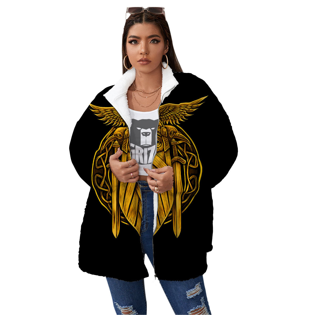 Odin God And Crow Gold Viking Print Women's Sherpa Jacket-grizzshop
