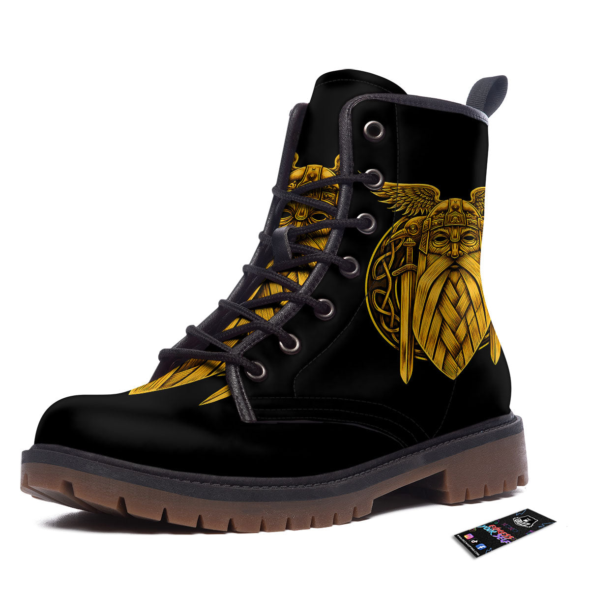 Odin God And Crow Gold Viking Print Work Boots-grizzshop