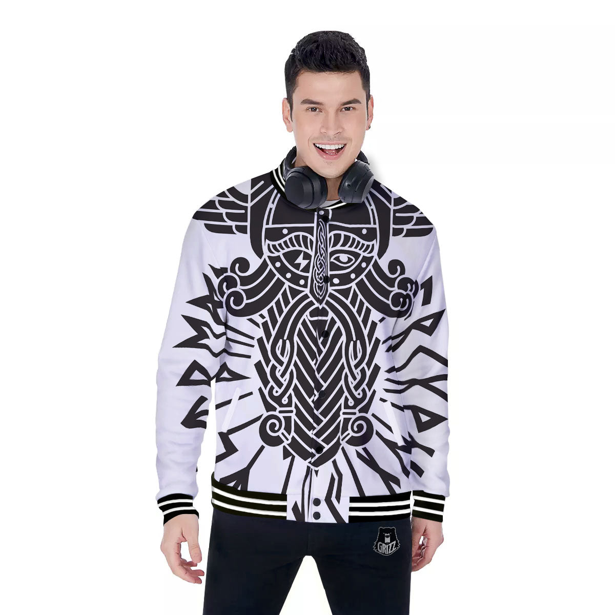 Odin God With Muninn And Huginn Print Baseball Jacket-grizzshop