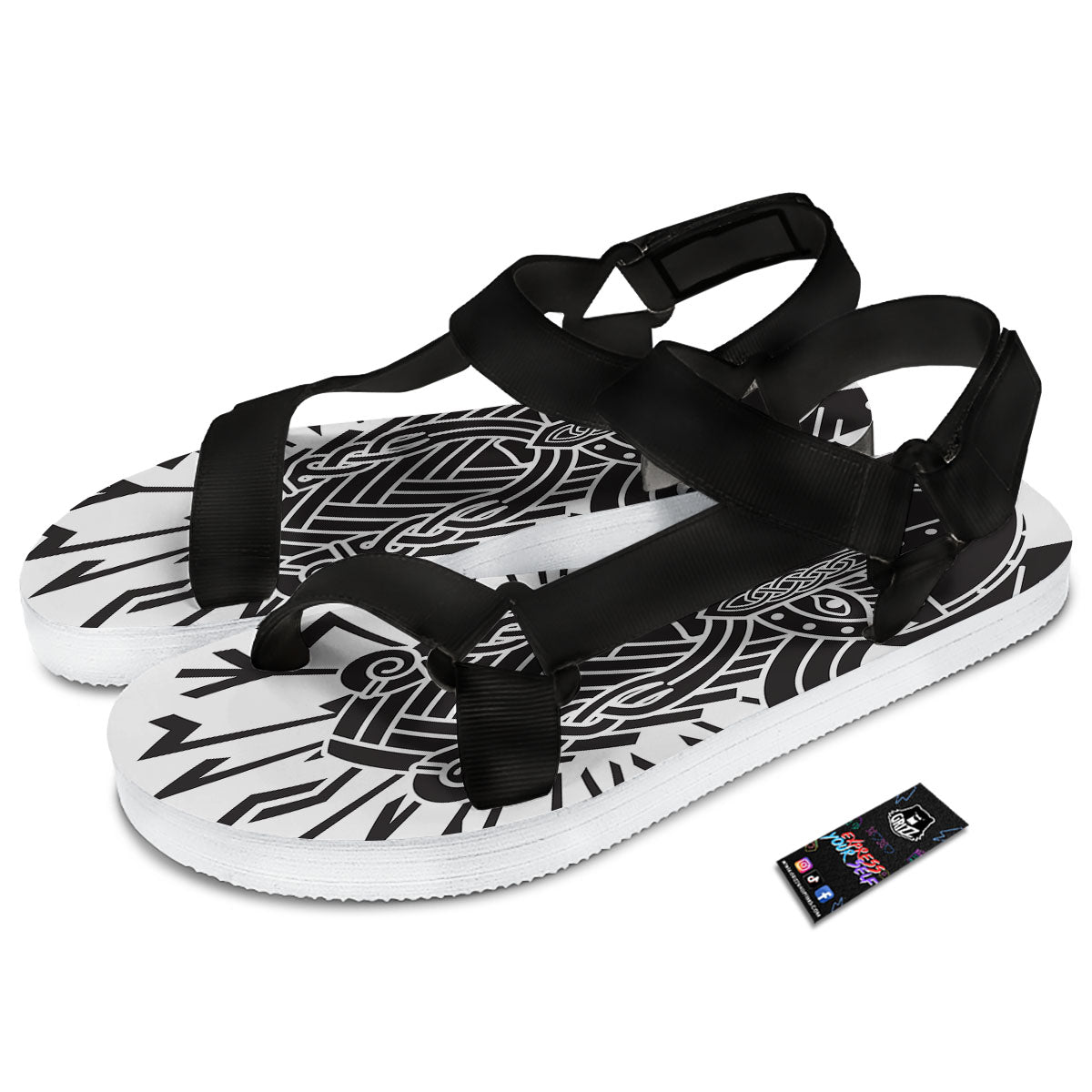 Odin God With Muninn And Huginn Print Black Open Toe Sandals-grizzshop