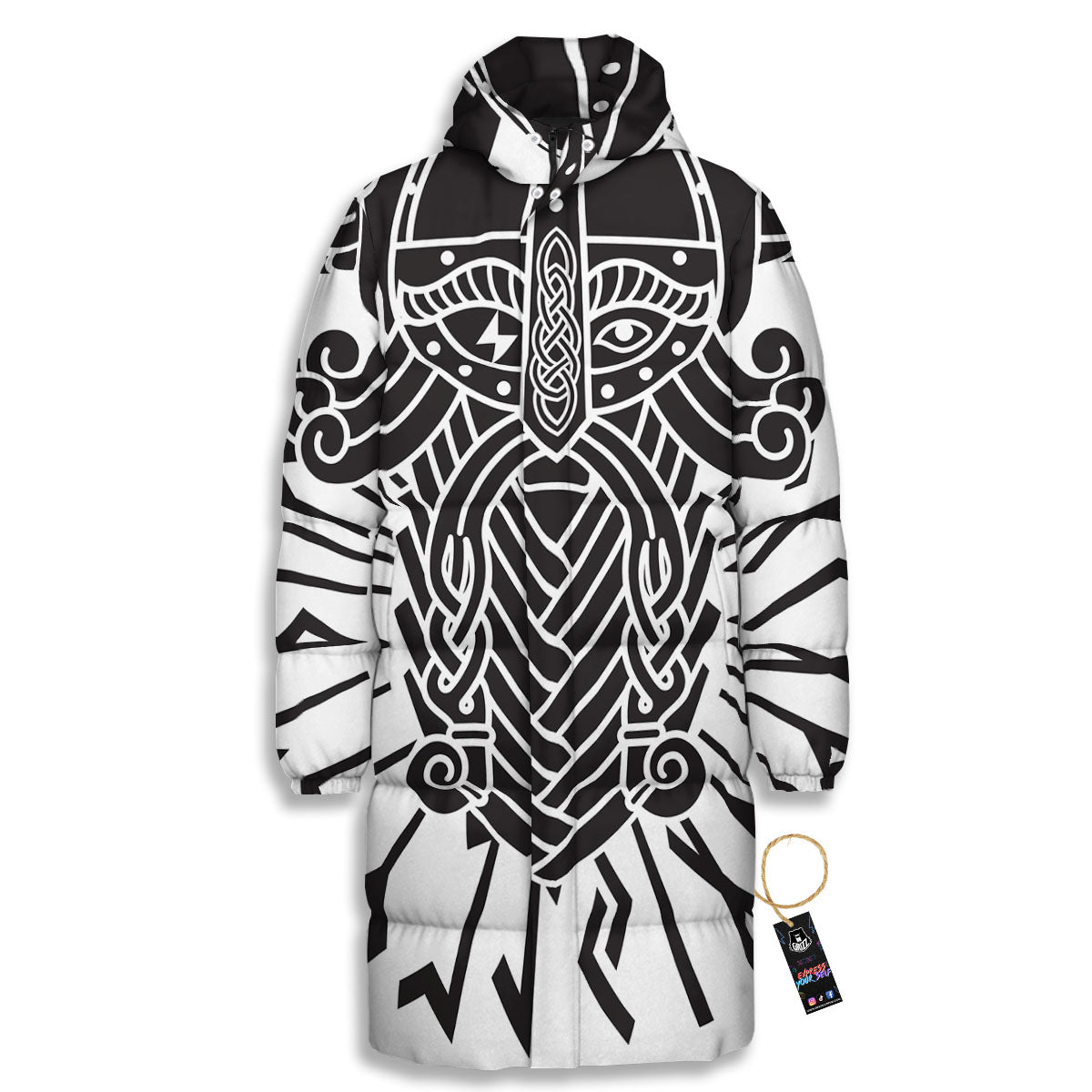 Odin God With Muninn And Huginn Print Long Down Jacket-grizzshop