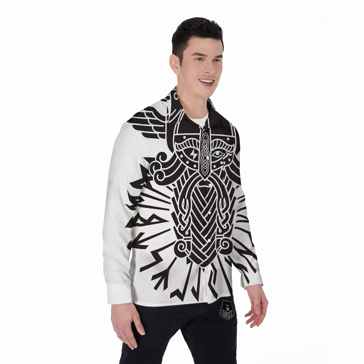 Odin God With Muninn And Huginn Print Men's Long Sleeve Shirts-grizzshop