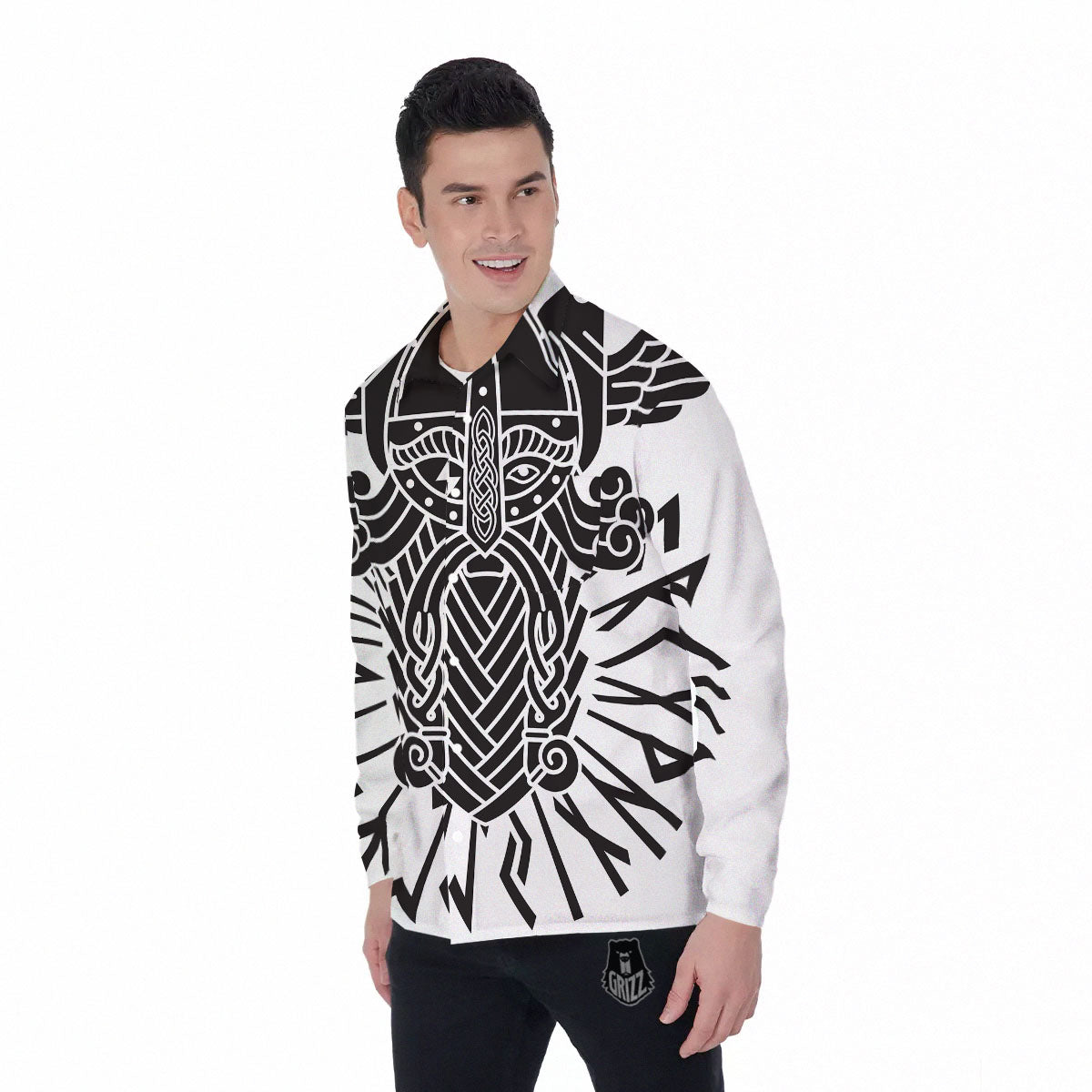 Odin God With Muninn And Huginn Print Men's Long Sleeve Shirts-grizzshop