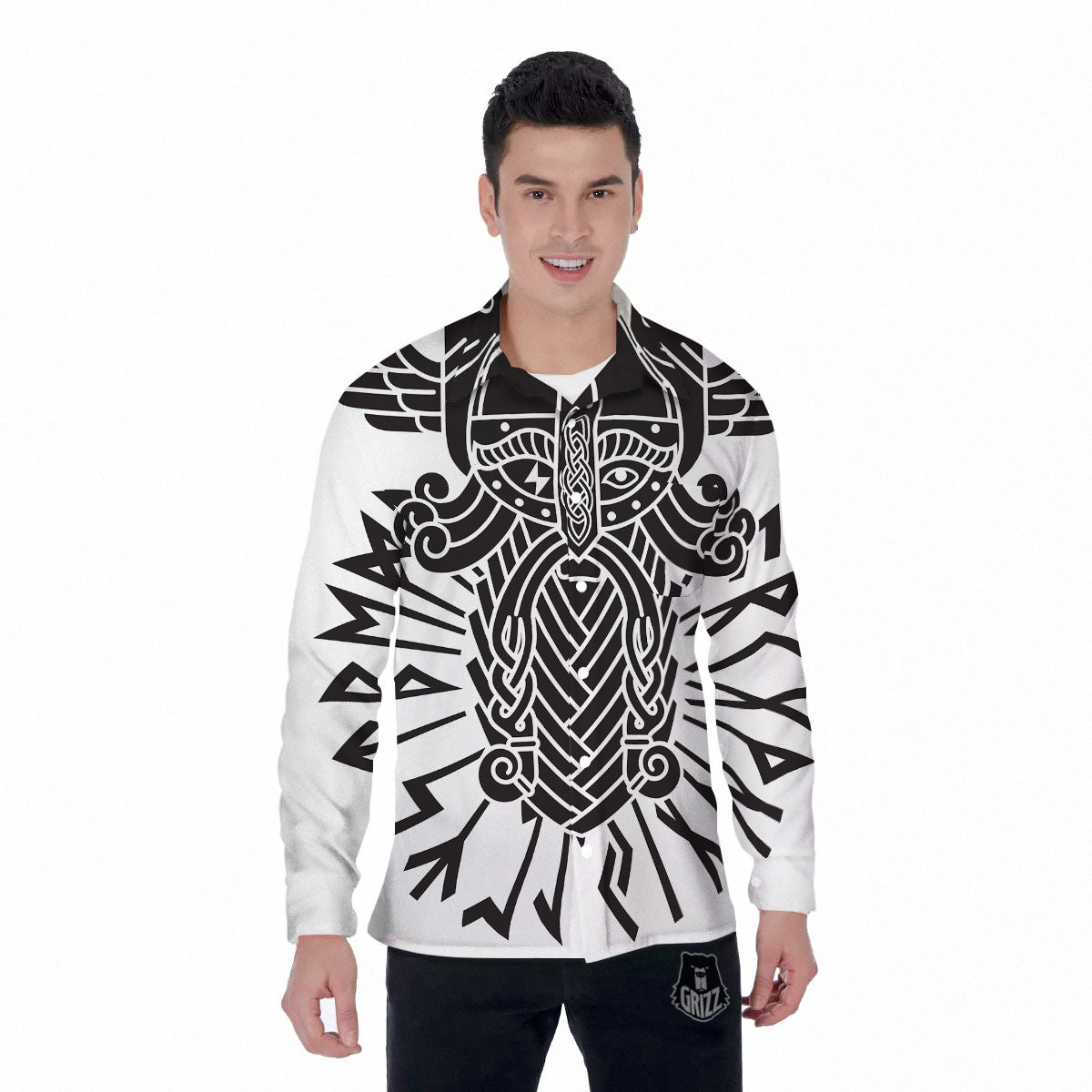 Odin God With Muninn And Huginn Print Men's Long Sleeve Shirts-grizzshop