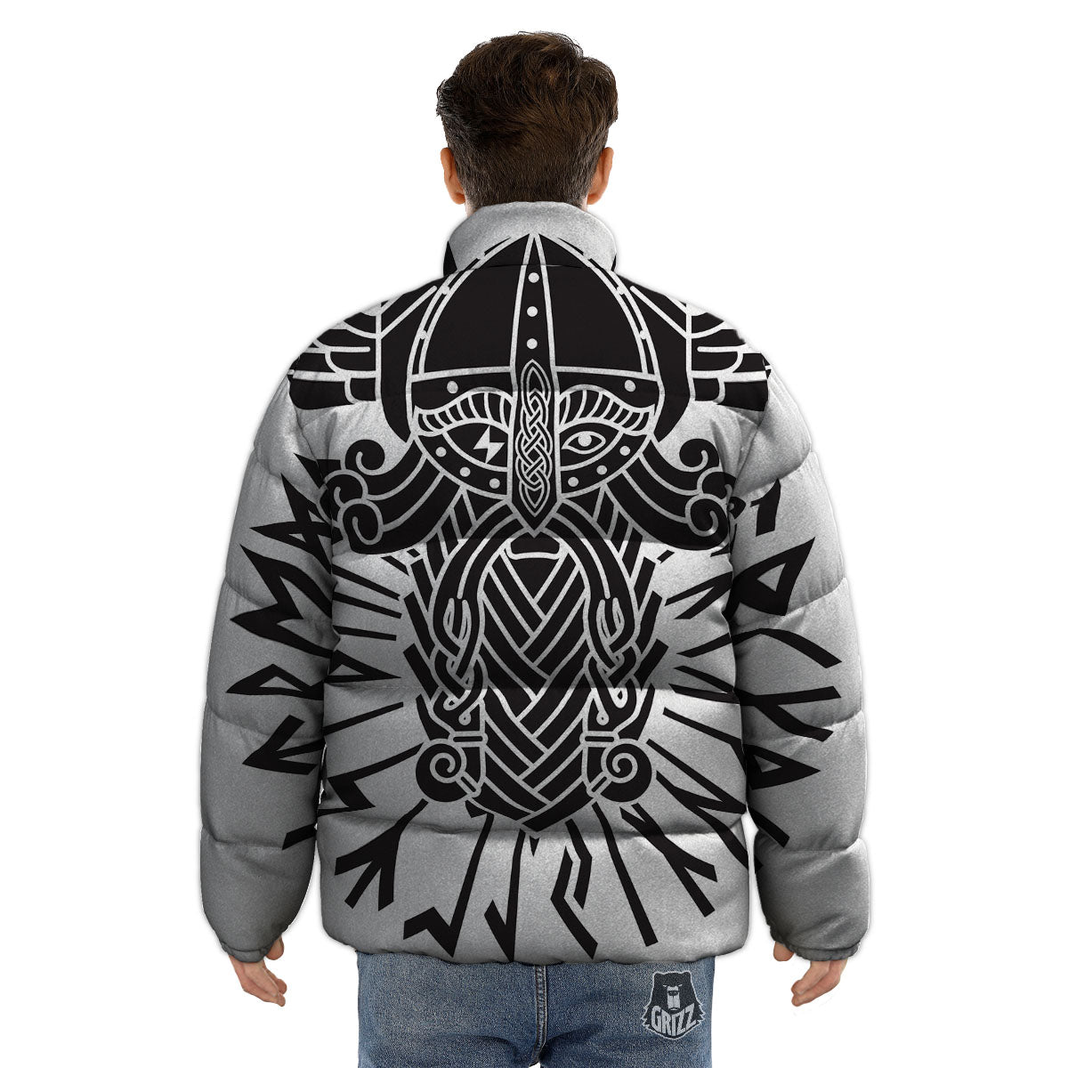 Odin God With Muninn And Huginn Print Puffer Jacket-grizzshop
