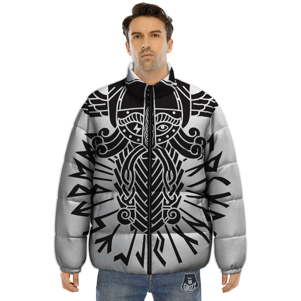 Odin God With Muninn And Huginn Print Puffer Jacket-grizzshop