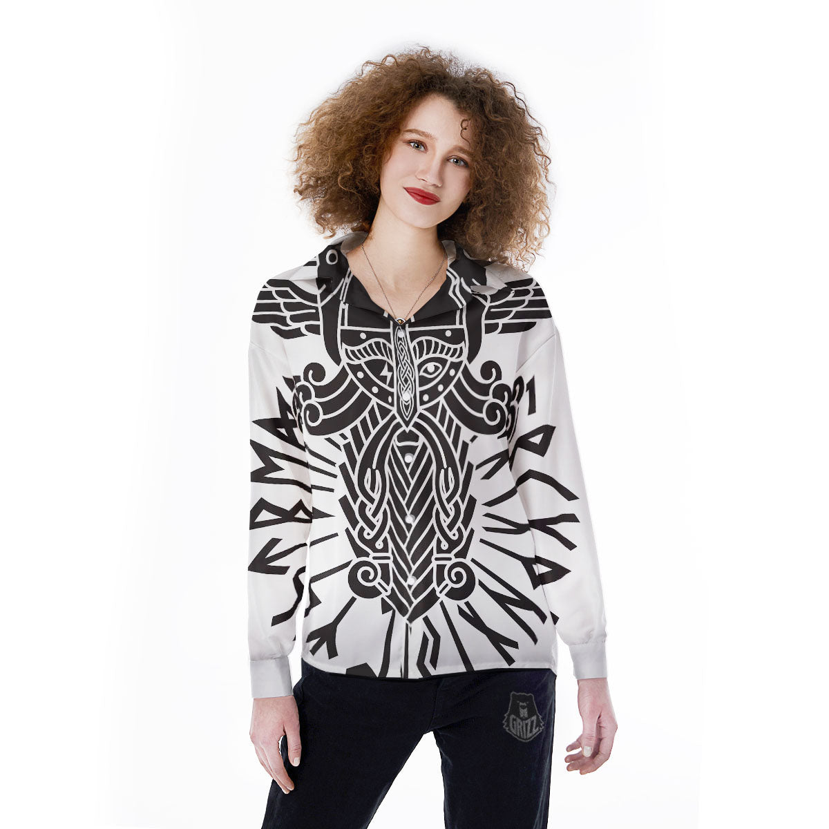 Odin God With Muninn And Huginn Print Women's Long Sleeve Shirts-grizzshop