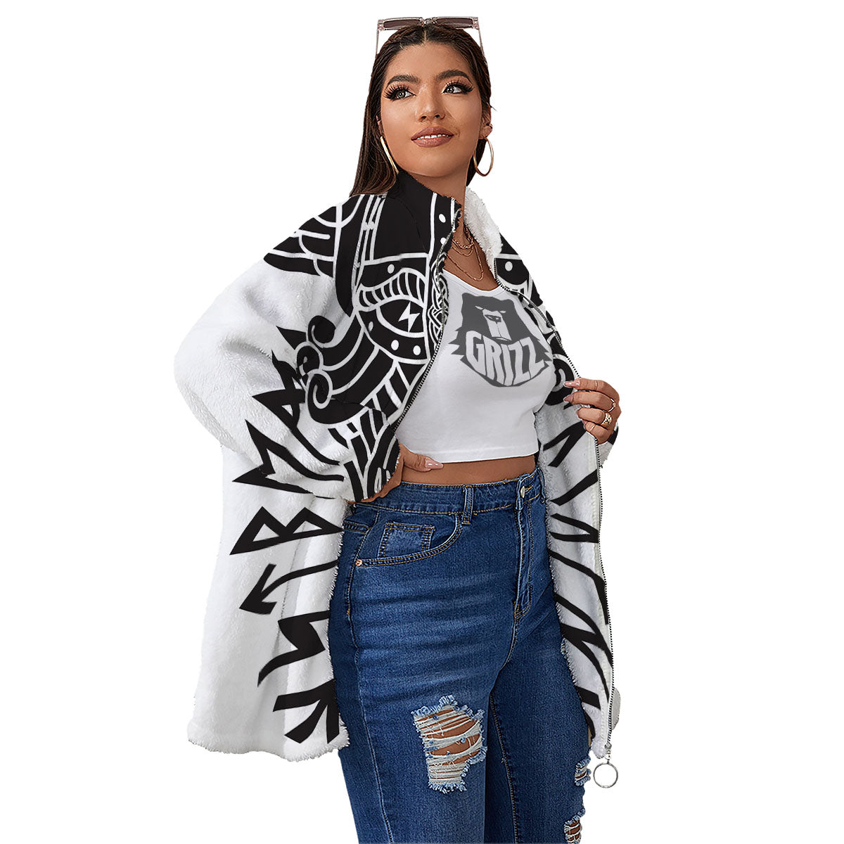 Odin God With Muninn And Huginn Print Women's Sherpa Jacket-grizzshop