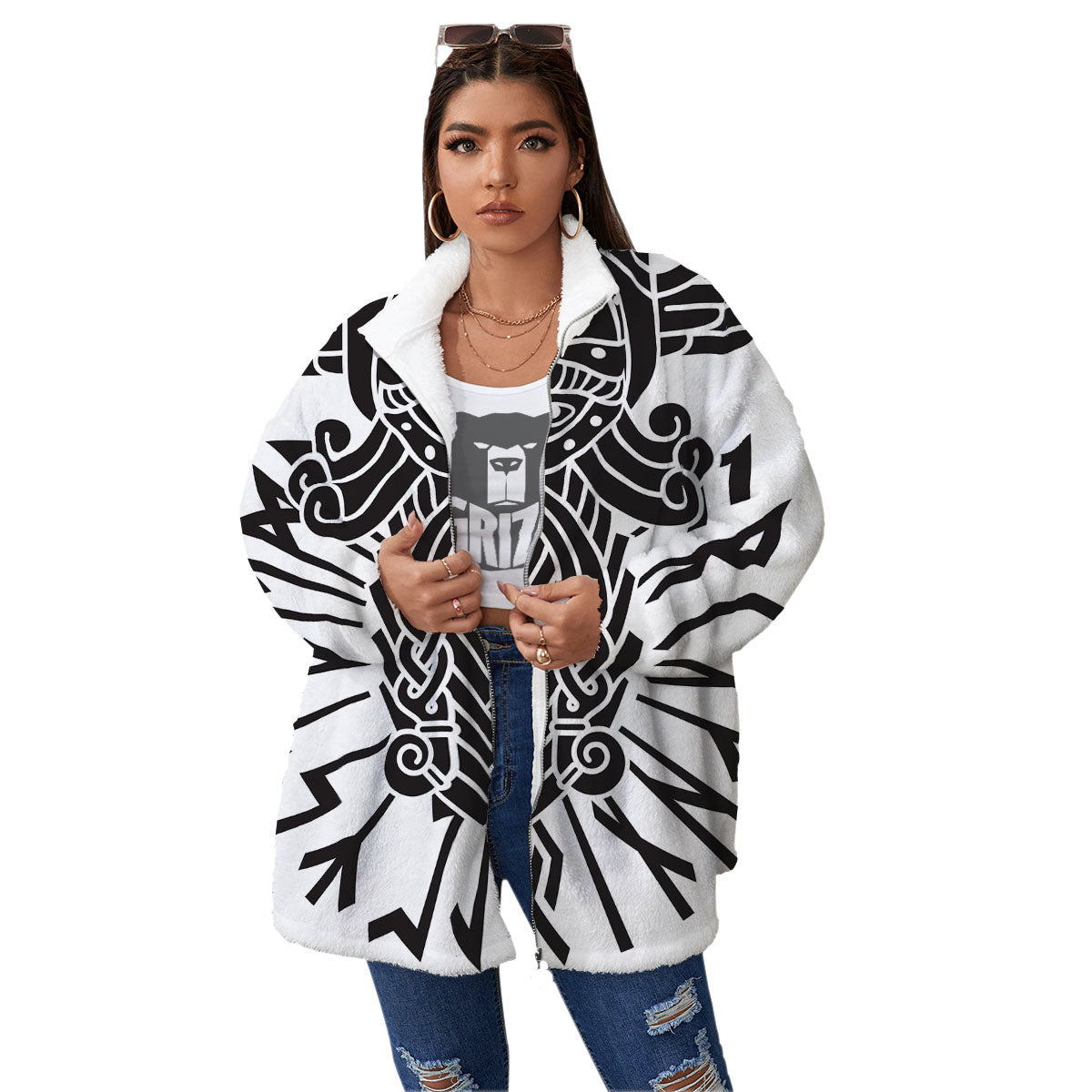 Odin God With Muninn And Huginn Print Women's Sherpa Jacket-grizzshop