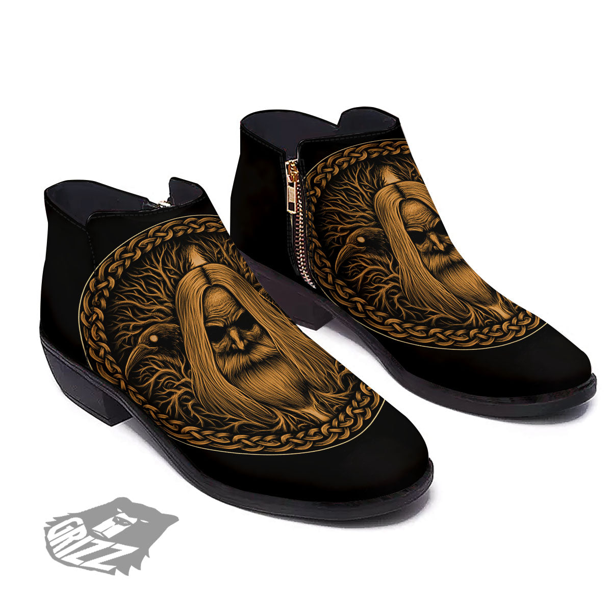 Odin Gold With Muninn And Huginn Print Ankle Boots-grizzshop
