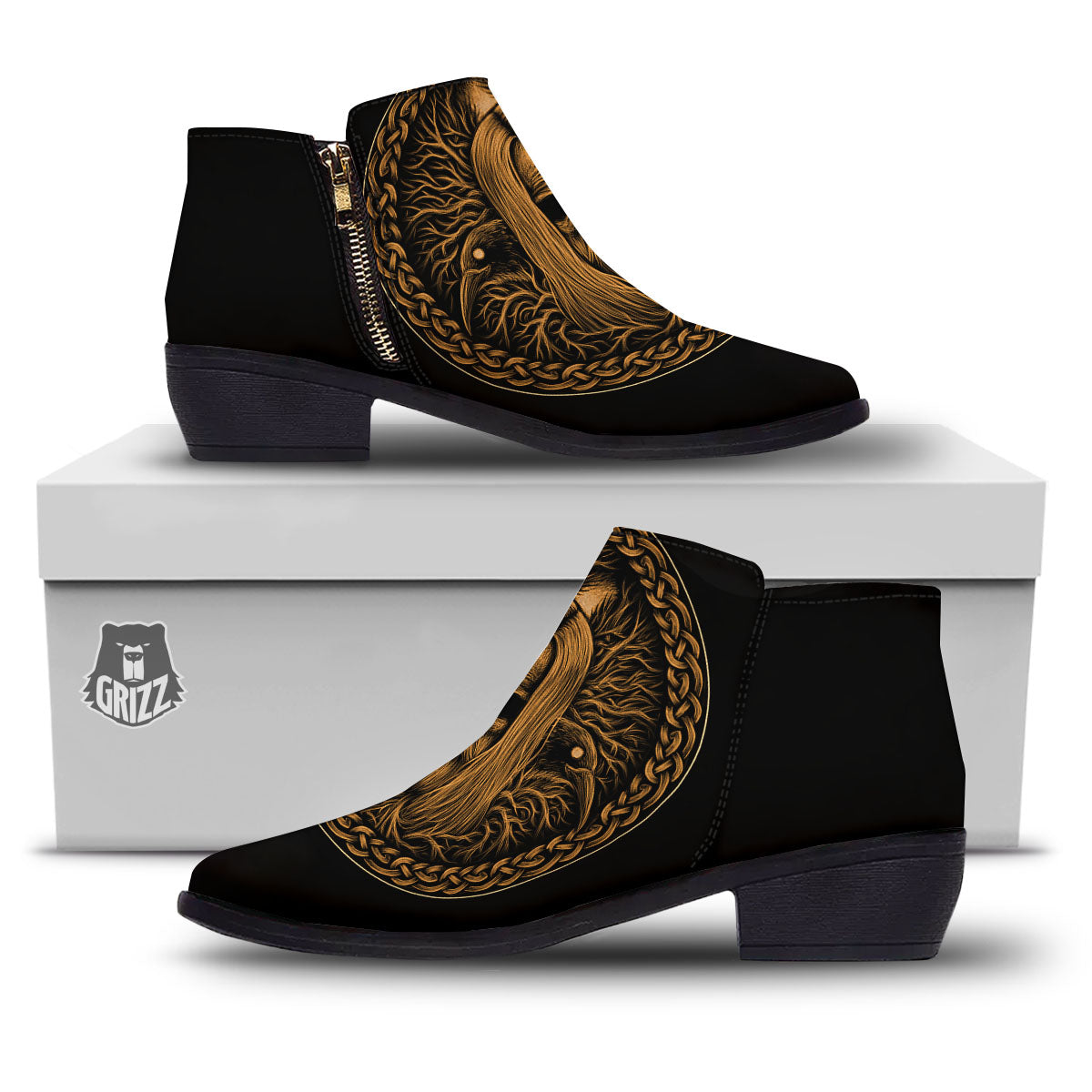 Odin Gold With Muninn And Huginn Print Ankle Boots-grizzshop
