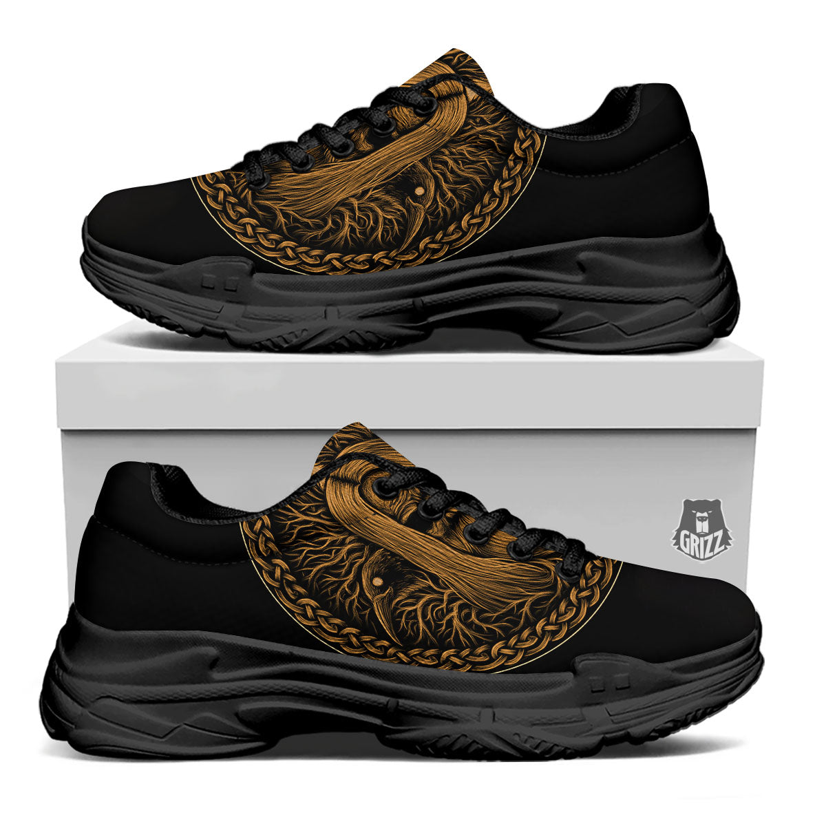 Odin Gold With Muninn And Huginn Print Black Chunky Shoes-grizzshop