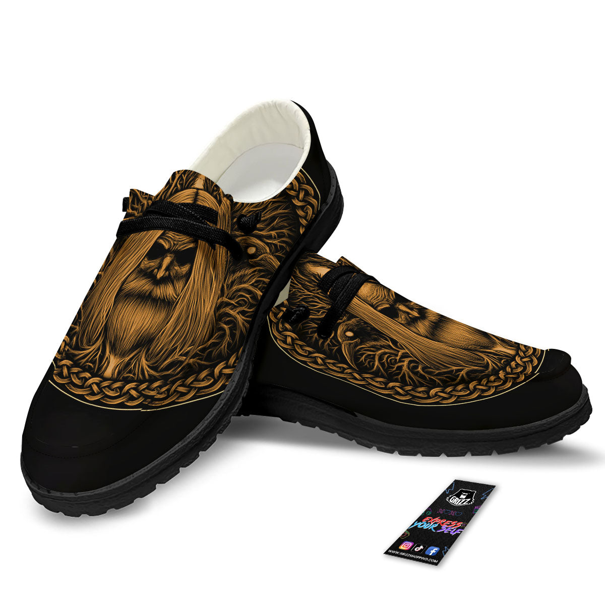 Odin Gold With Muninn And Huginn Print Black Loafers-grizzshop