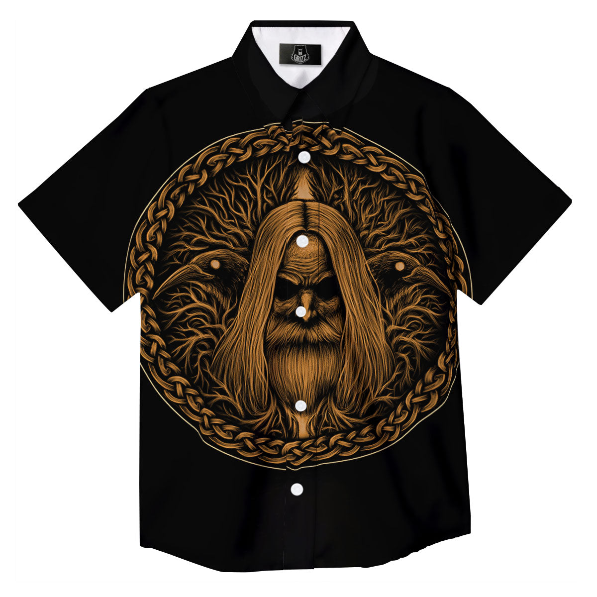 Odin Gold With Muninn And Huginn Print Button Up Shirt-grizzshop