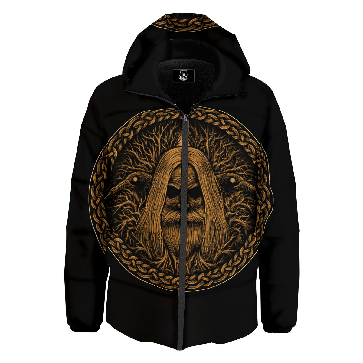 Odin Gold With Muninn And Huginn Print Down Jacket-grizzshop