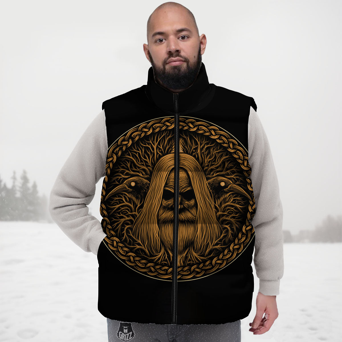 Odin Gold With Muninn And Huginn Print Down Vest