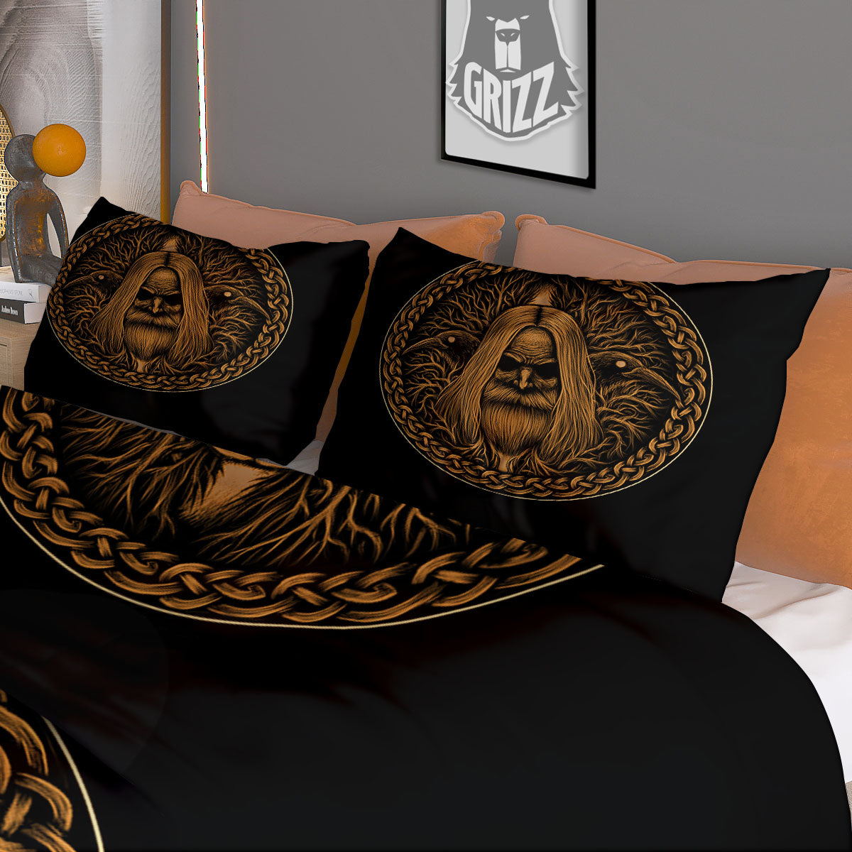 Odin Gold With Muninn And Huginn Print Duvet Cover Bedding Set