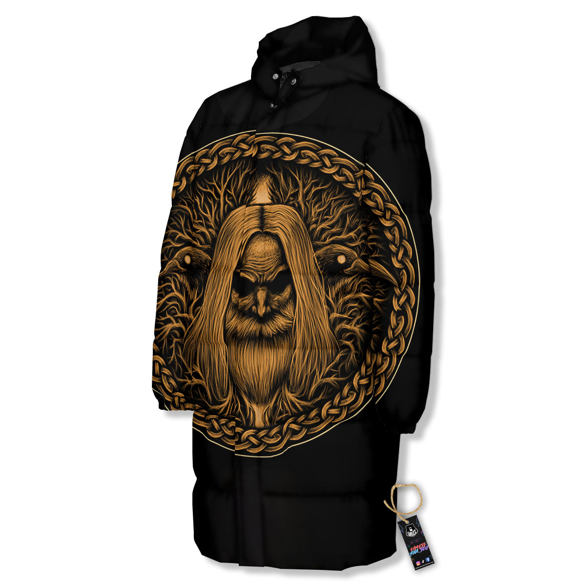 Odin Gold With Muninn And Huginn Print Long Down Jacket-grizzshop