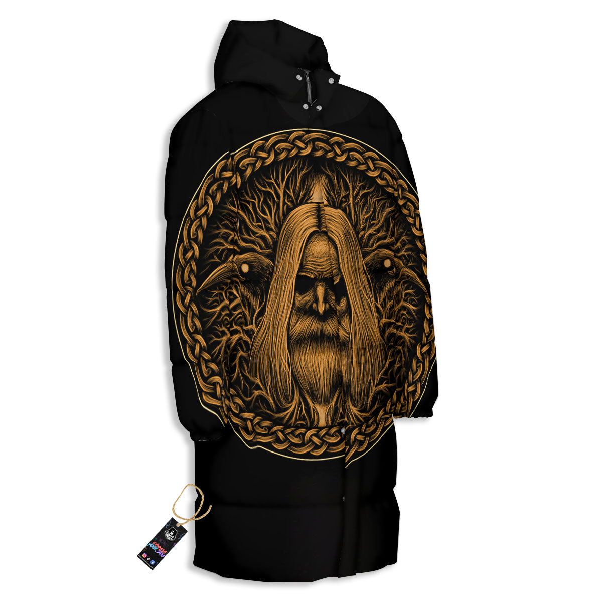 Odin Gold With Muninn And Huginn Print Long Down Jacket-grizzshop