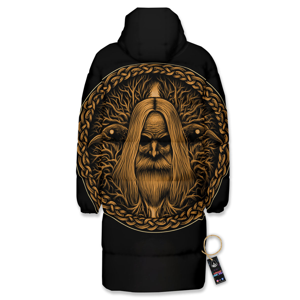 Odin Gold With Muninn And Huginn Print Long Down Jacket-grizzshop
