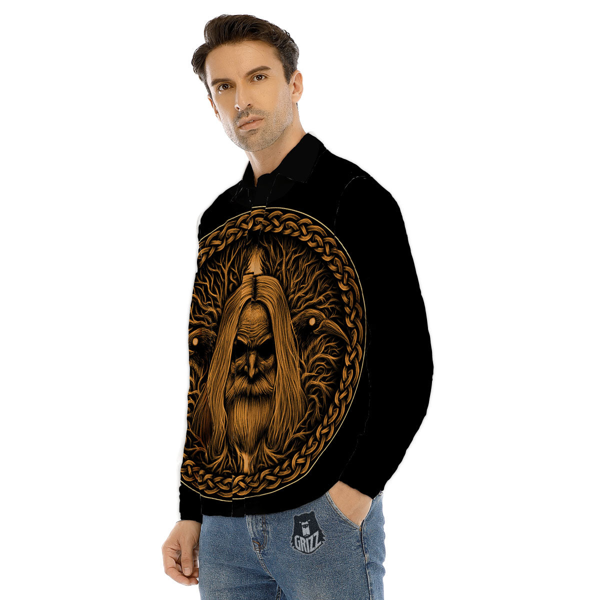 Odin Gold With Muninn And Huginn Print Men's Dress Shirts-grizzshop