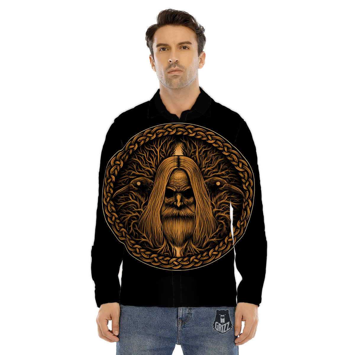 Odin Gold With Muninn And Huginn Print Men's Dress Shirts-grizzshop