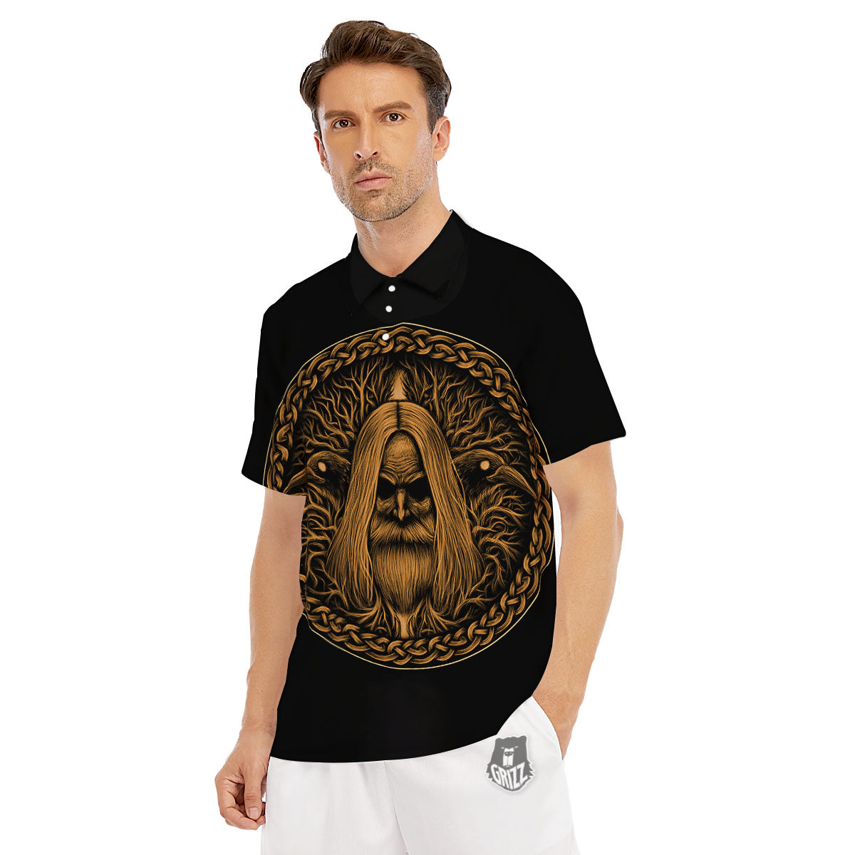 Odin Gold With Muninn And Huginn Print Men's Golf Shirts-grizzshop