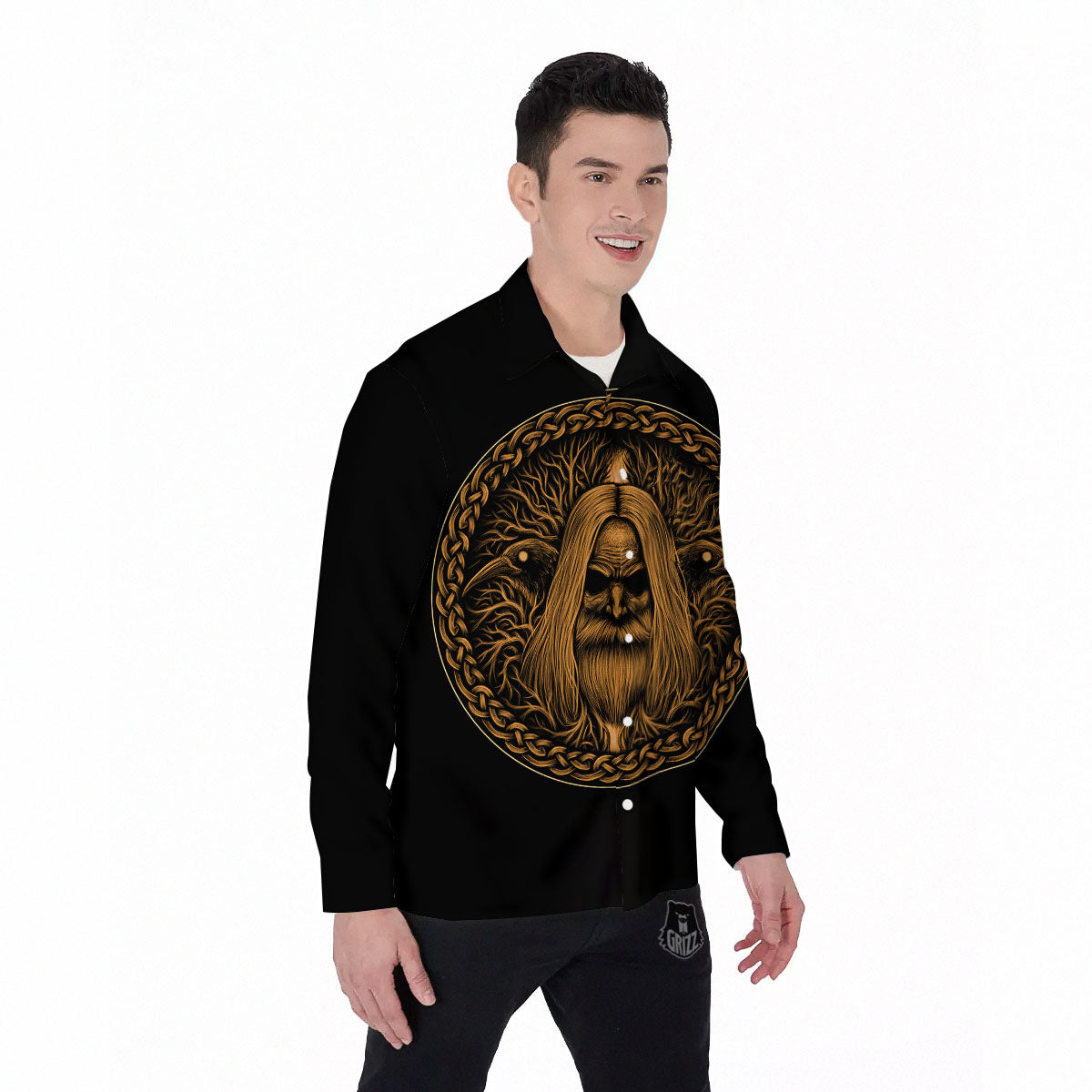 Odin Gold With Muninn And Huginn Print Men's Long Sleeve Shirts-grizzshop