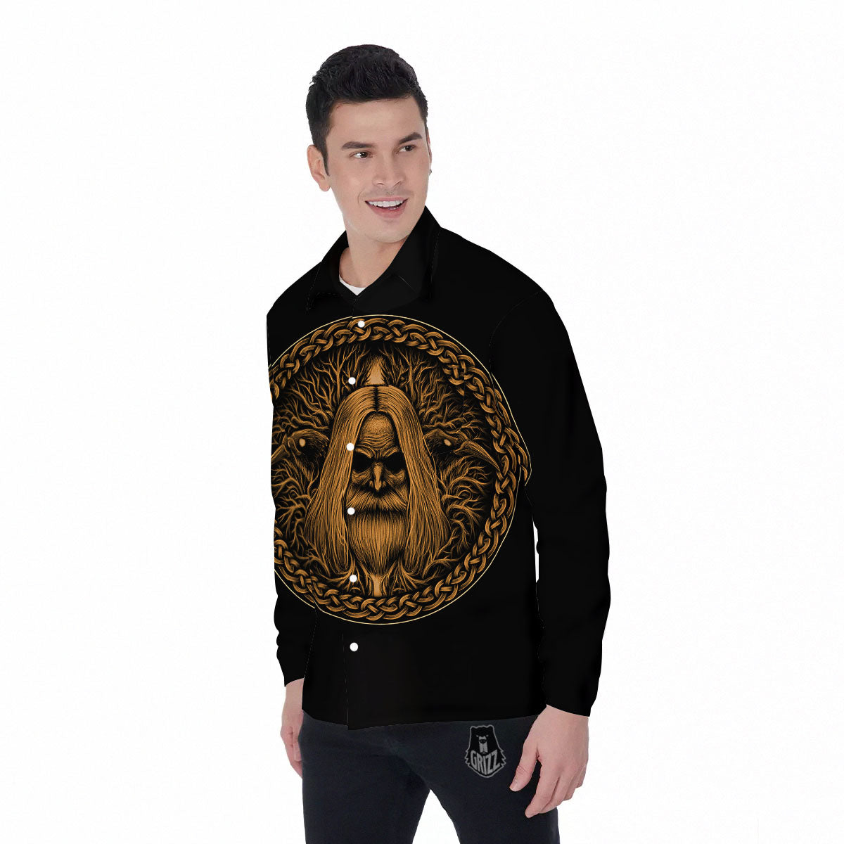 Odin Gold With Muninn And Huginn Print Men's Long Sleeve Shirts-grizzshop