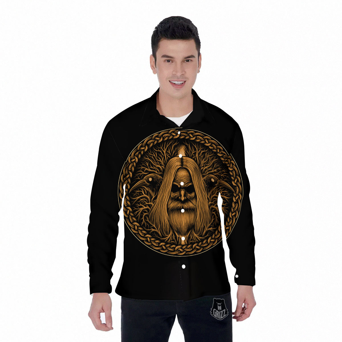 Odin Gold With Muninn And Huginn Print Men's Long Sleeve Shirts-grizzshop