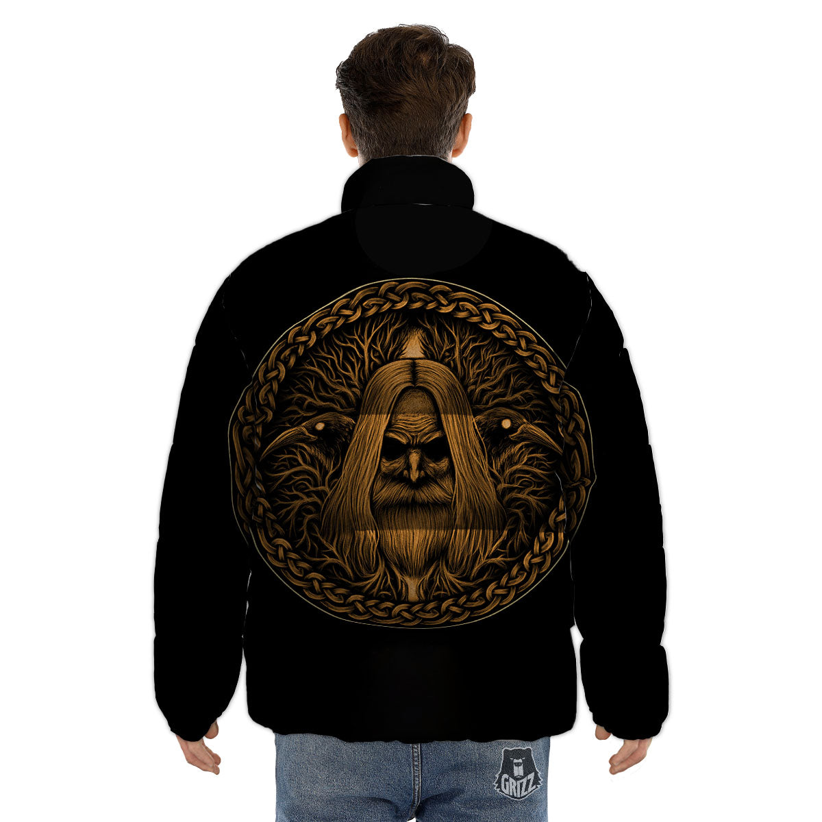 Odin Gold With Muninn And Huginn Print Puffer Jacket-grizzshop