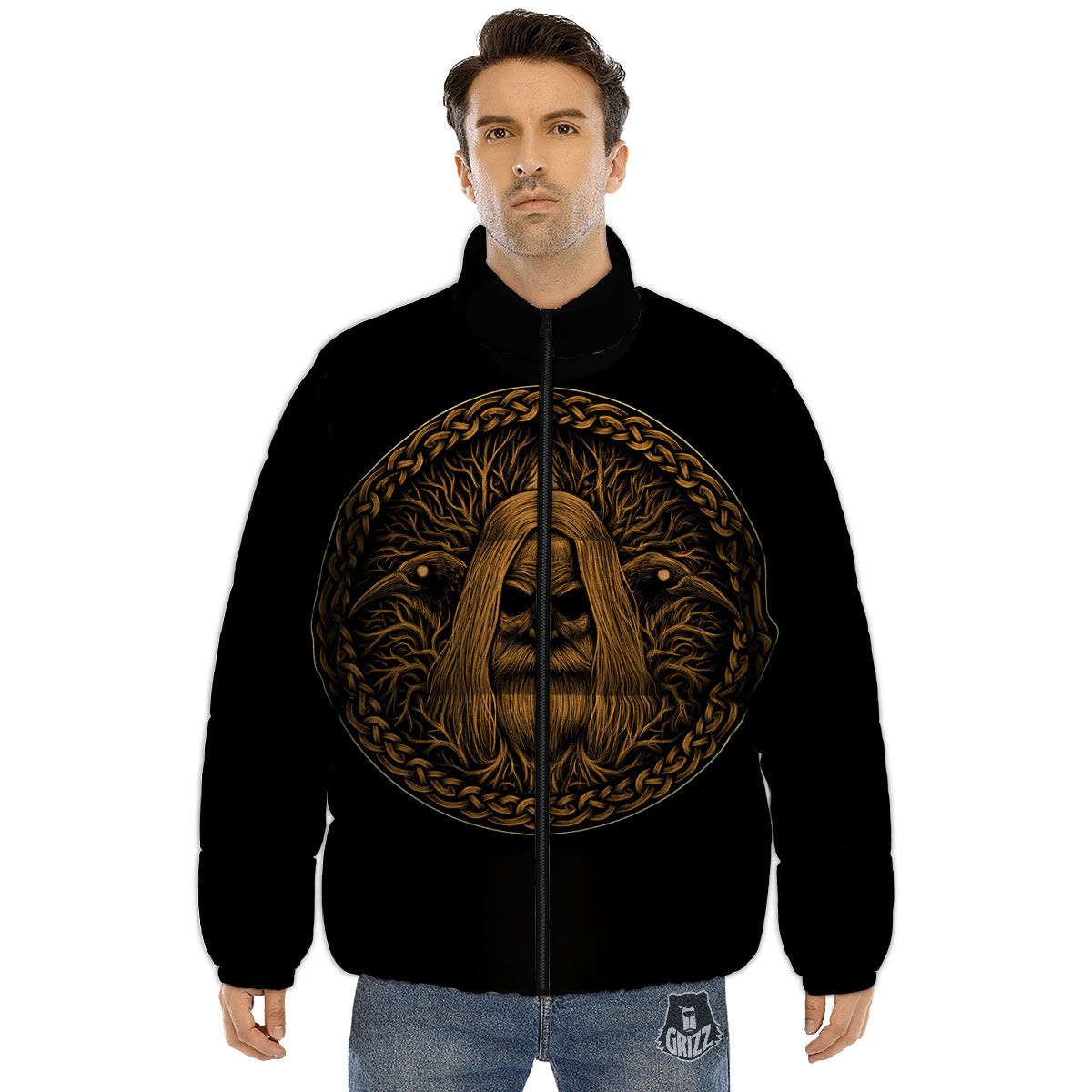 Odin Gold With Muninn And Huginn Print Puffer Jacket-grizzshop