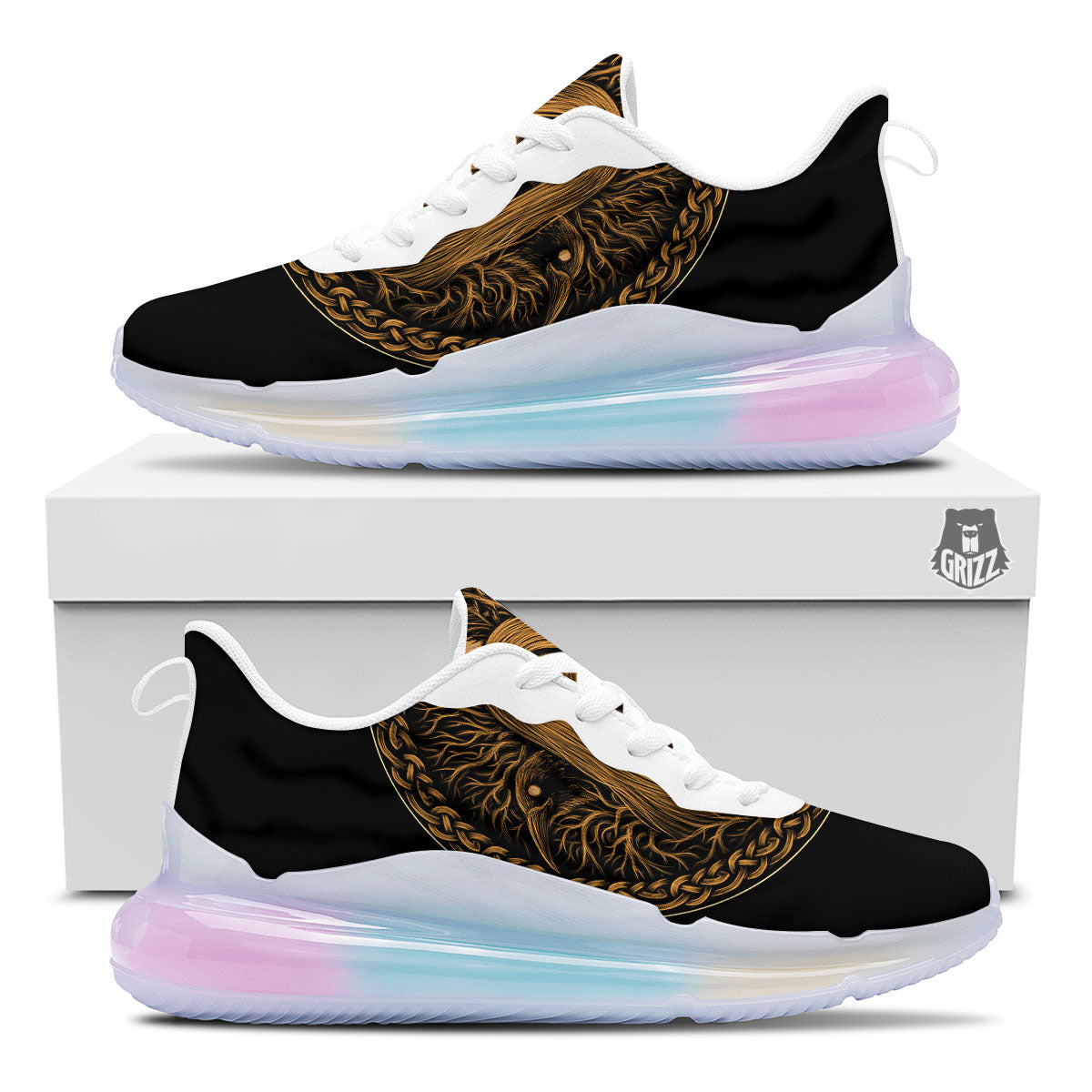Odin Gold With Muninn And Huginn Print Running Sneakers-grizzshop