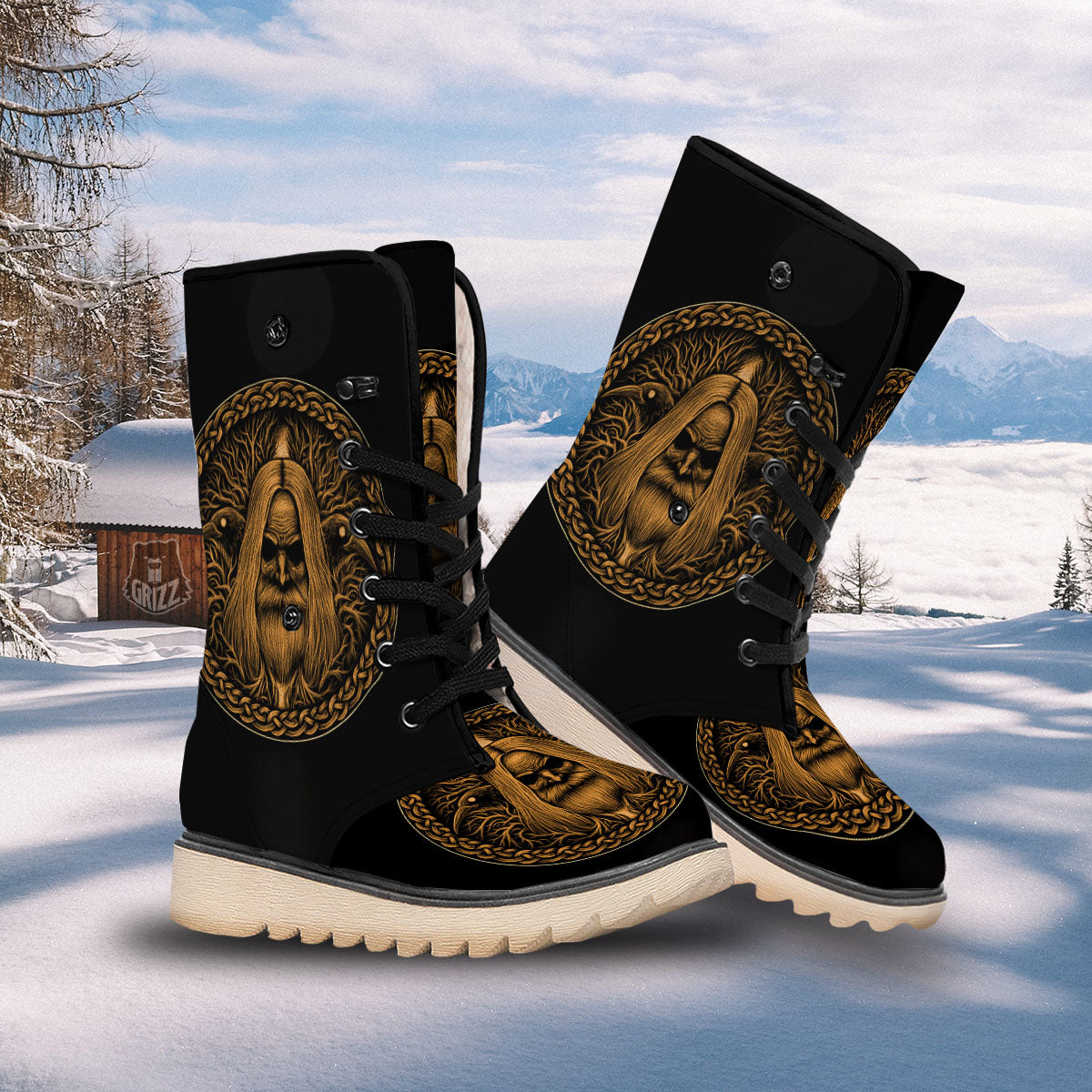 Odin Gold With Muninn And Huginn Print Snow Boots-grizzshop