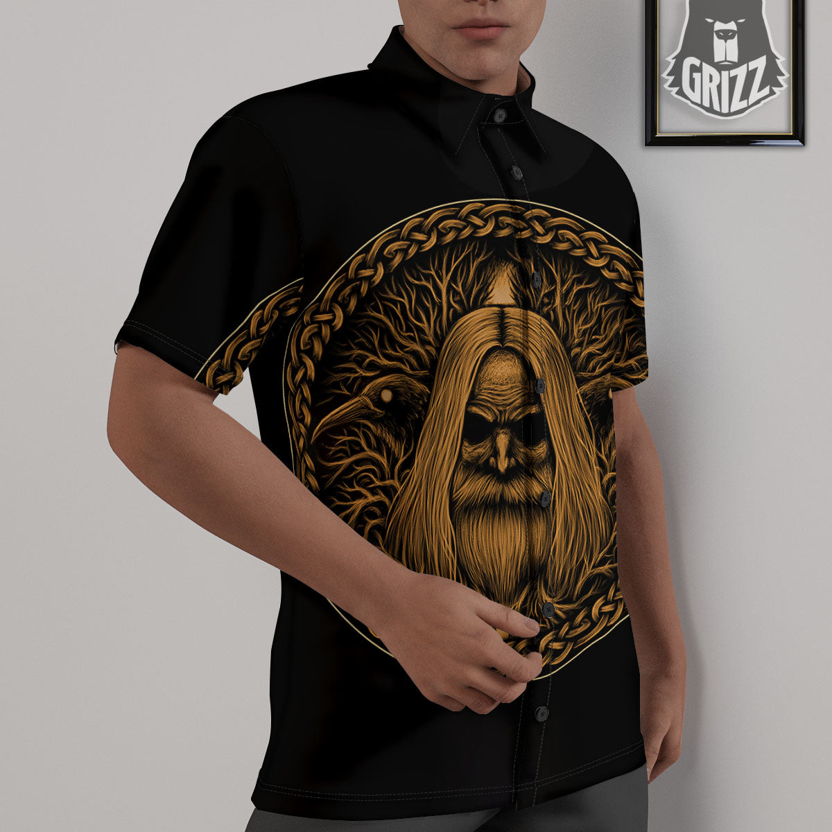 Odin Gold With Muninn And Huginn Print Untucked Shirts-grizzshop