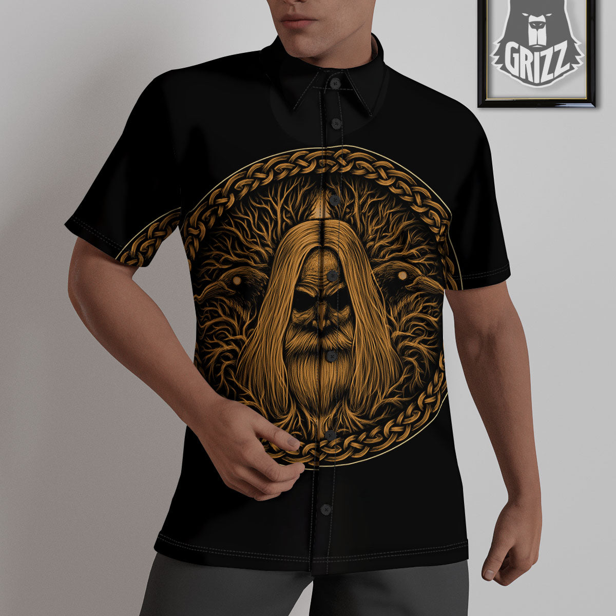 Odin Gold With Muninn And Huginn Print Untucked Shirts-grizzshop