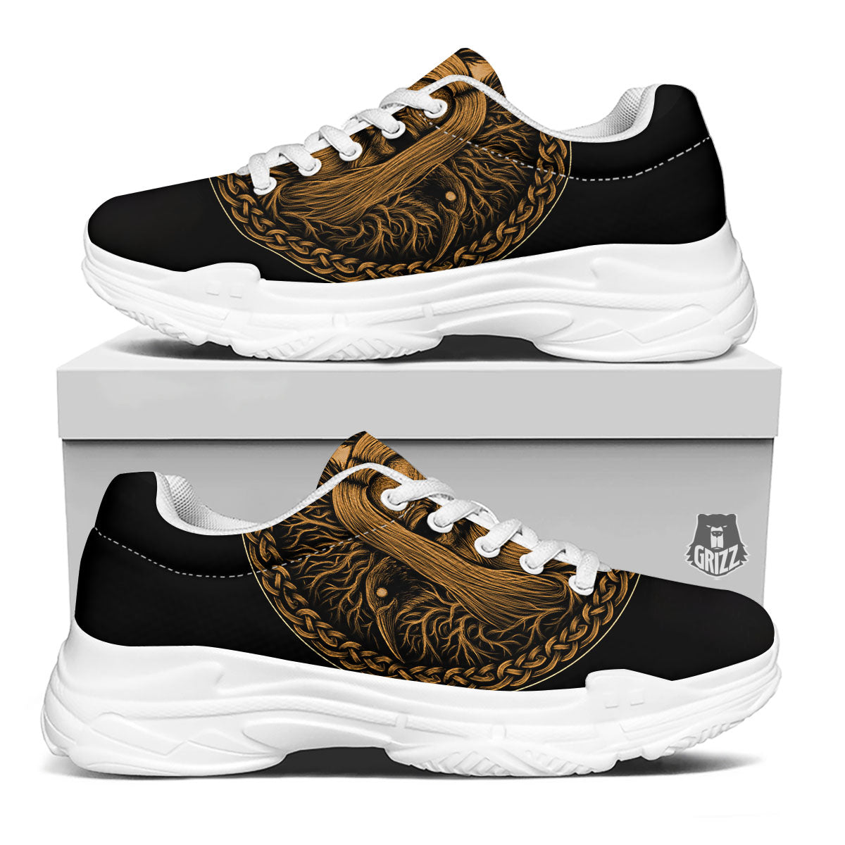 Odin Gold With Muninn And Huginn Print White Chunky Shoes-grizzshop