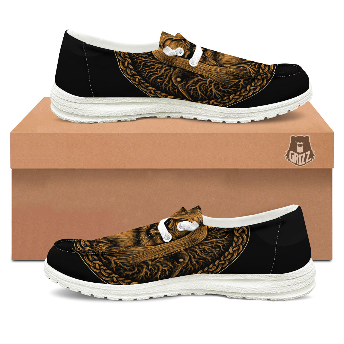 Odin Gold With Muninn And Huginn Print White Loafers-grizzshop