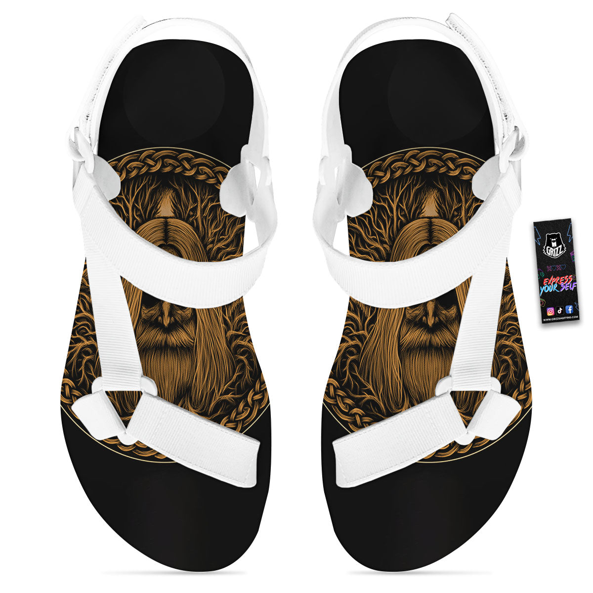 Odin Gold With Muninn And Huginn Print White Open Toe Sandals-grizzshop