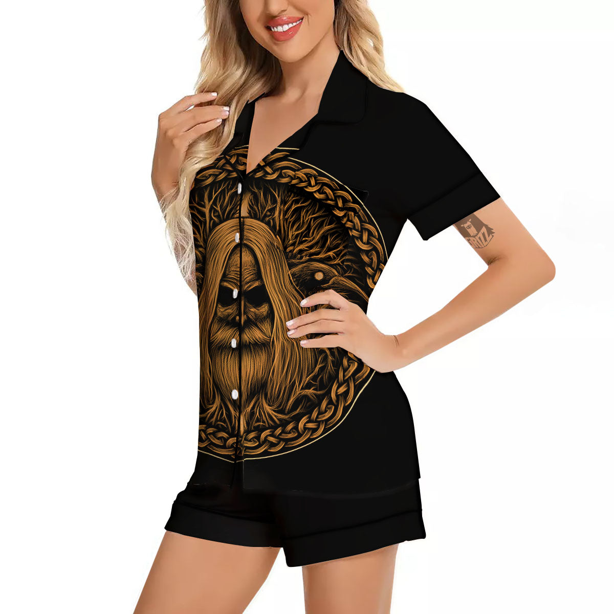 Odin Gold With Muninn And Huginn Print Women Silk Pajamas-grizzshop