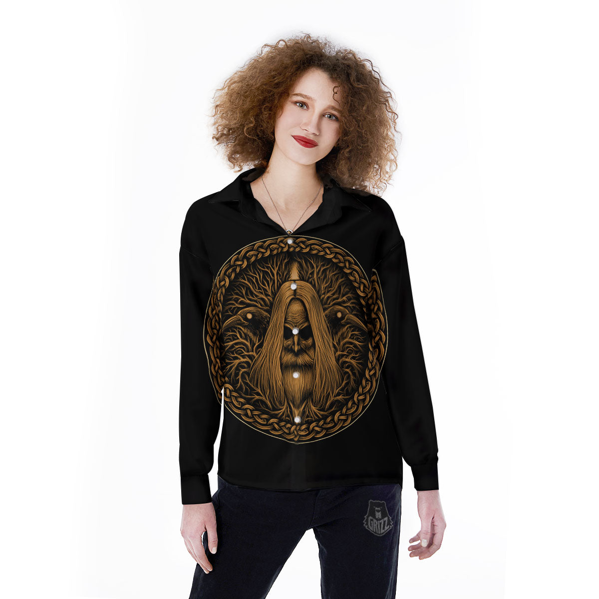Odin Gold With Muninn And Huginn Print Women's Long Sleeve Shirts-grizzshop