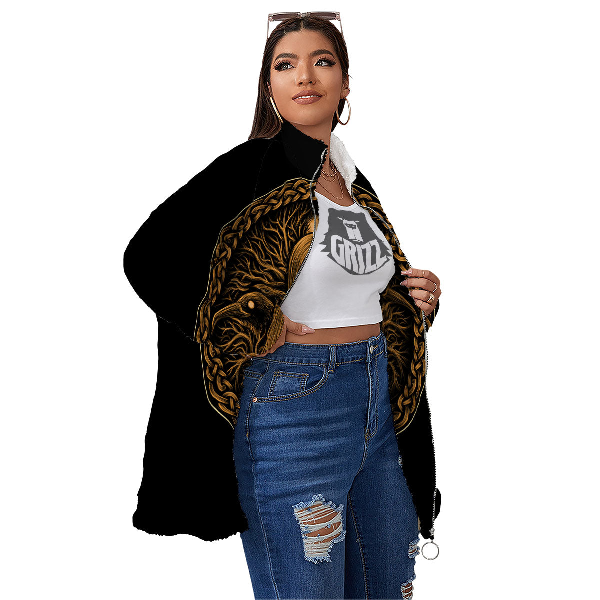 Odin Gold With Muninn And Huginn Print Women's Sherpa Jacket-grizzshop