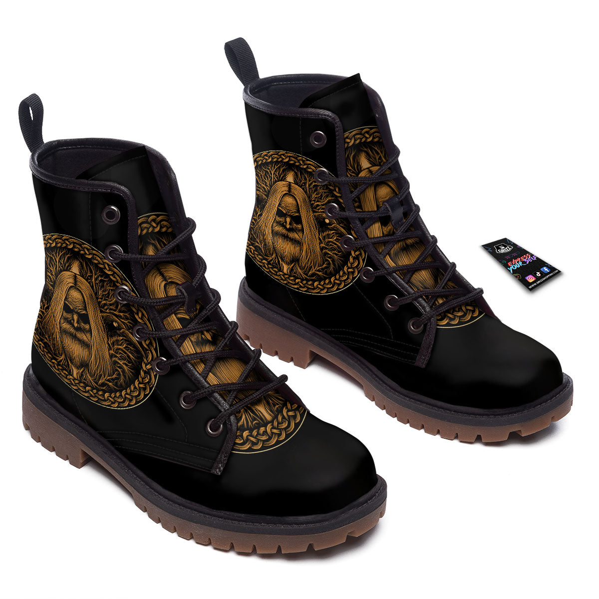 Odin Gold With Muninn And Huginn Print Work Boots-grizzshop