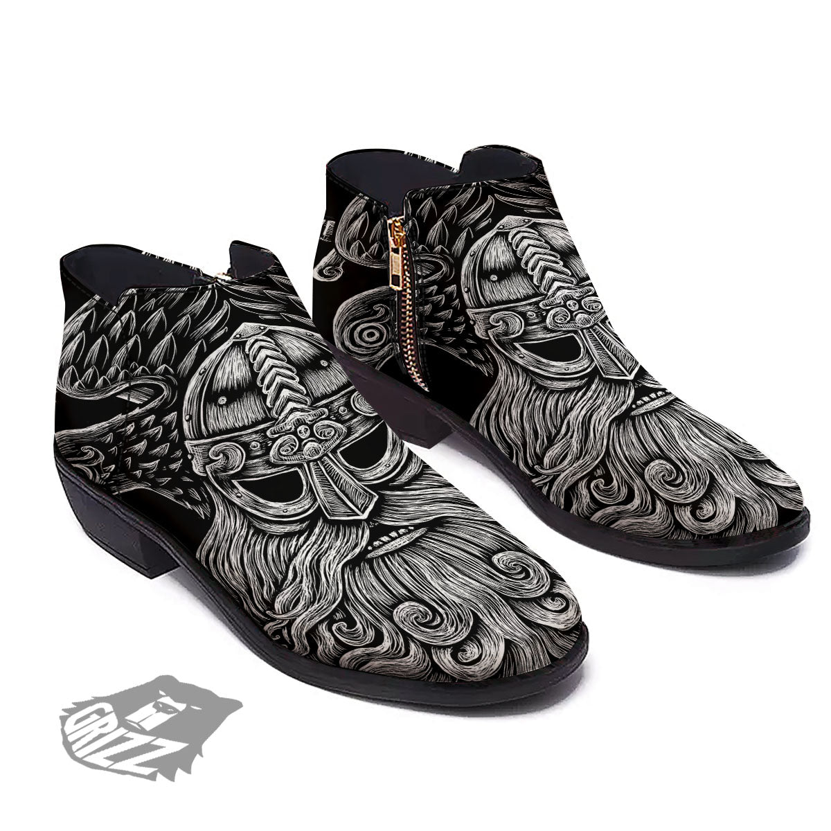 Odin With Crows White And Black Print Ankle Boots-grizzshop