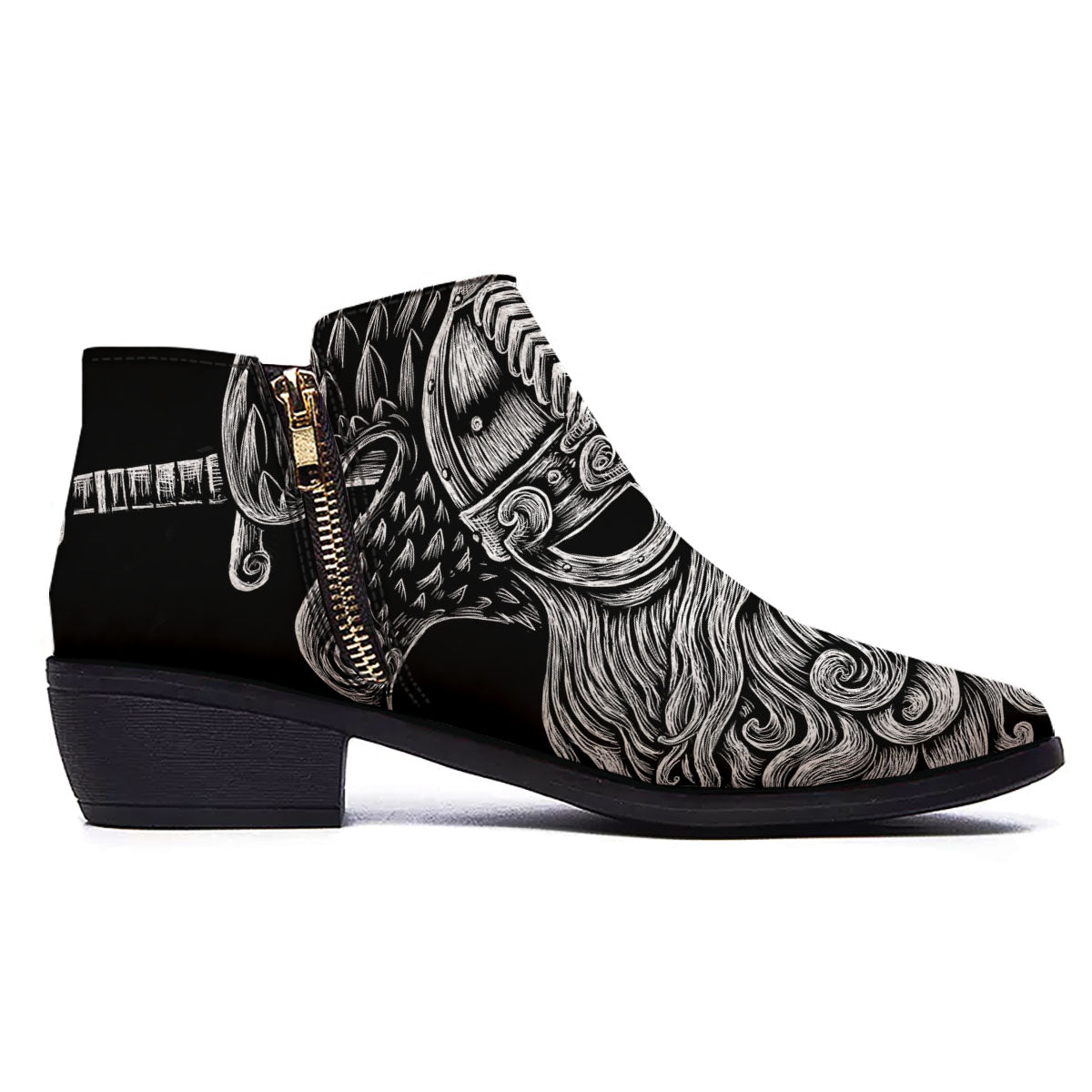 Odin With Crows White And Black Print Ankle Boots-grizzshop