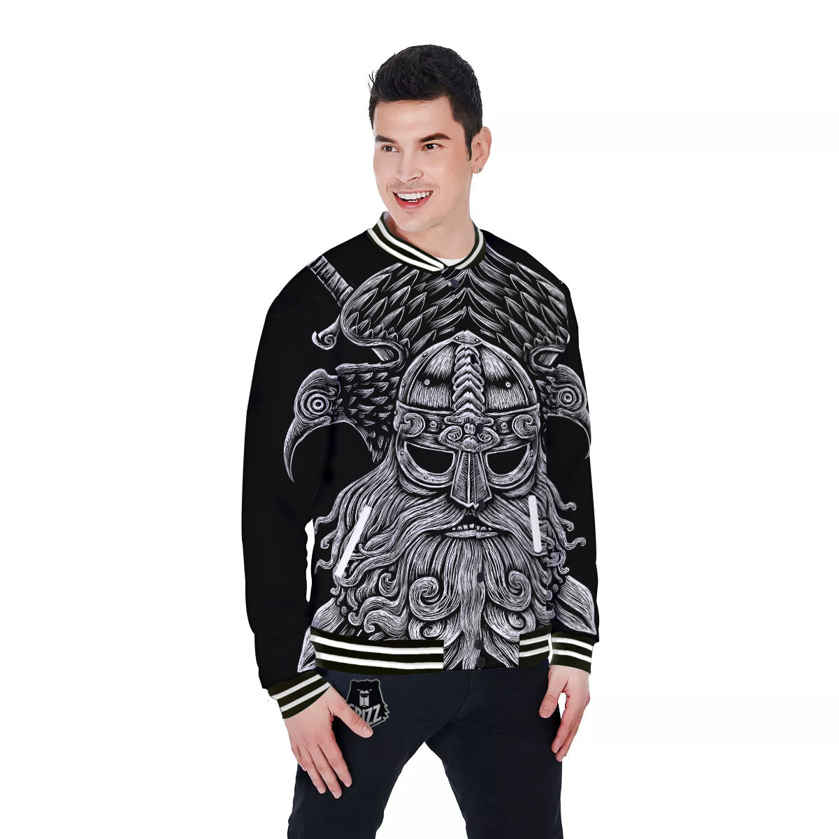 Odin With Crows White And Black Print Baseball Jacket-grizzshop